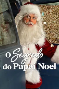 Papai Noel com expressão surpresa espreitando de uma porta de carro azul, com fundo festivo cintilante.