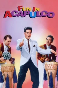 Um homem de terno claro no centro,apontando,ladeado por dois músicos com tambores em um fundo vibrante e festivo.