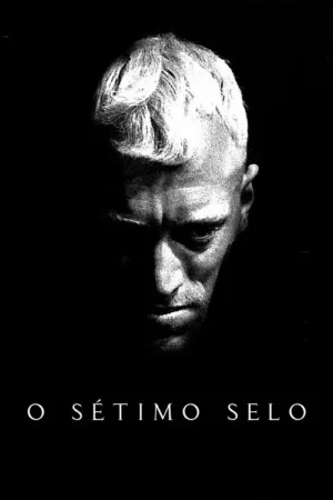 Pôster P&B: Rosto de homem com cabelos claros, olhando para baixo com expressão grave, em fundo escuro. Clima sombrio.
