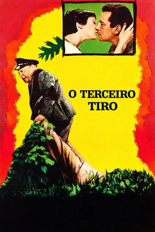 O Terceiro Tiro 1 Pôster vívido:Casal se beija no alto. Um homem de uniforme arrasta um corpo em meio à vegetação,com fundo amarelo e vermelho. Romance e mistério.