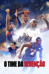 Pôster dinâmico com atletas de basquete em uniformes USA e um treinador, sugerindo esforço e vitória. Fundo escuro.