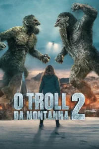 Dois trolls rochosos gigantes lutam sobre uma paisagem nevada e em chamas. Uma mulher os encara, com um helicóptero no céu.