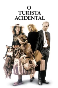 Pôster com 3 pessoas e um cão Corgi. Mulher com chapéu,loira e homem de terno,rodeados por muitas malas. Fundo branco. Viagem movimentada.
