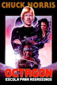 Pôster de ação anos 80. Homem loiro com bigode,mulher séria e ninja. Armas em cenário cósmico-urbano roxo e rosa.
