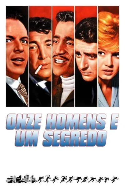 Cinco retratos de atores (4 homens, 1 mulher) em fundo vermelho. Expressões diversas. Homens correndo e edifícios. Clima de ação e suspense.