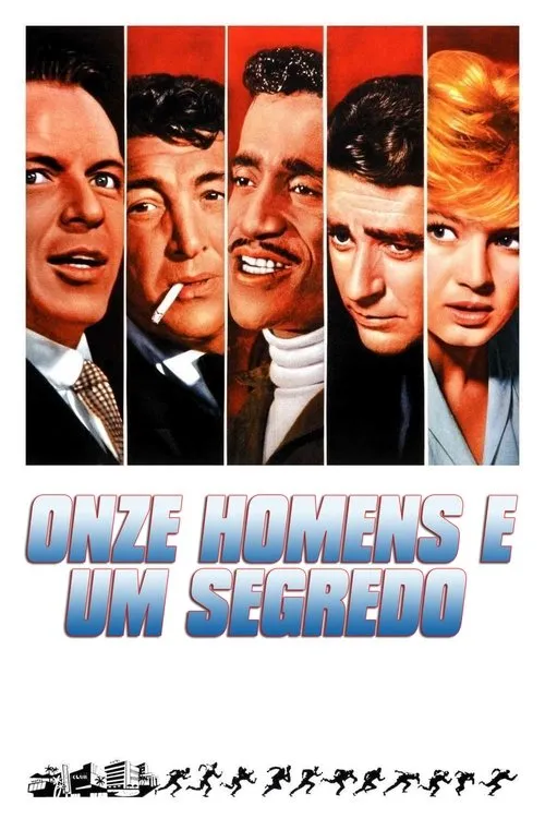 Cinco retratos de atores (4 homens, 1 mulher) em fundo vermelho. Expressões diversas. Homens correndo e edifícios. Clima de ação e suspense.