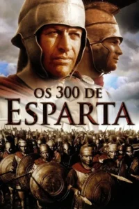 Pôster:Dois guerreiros de capacete em primeiro plano,um exército com escudos e lanças abaixo. Céu dramático,clima épico de batalha.