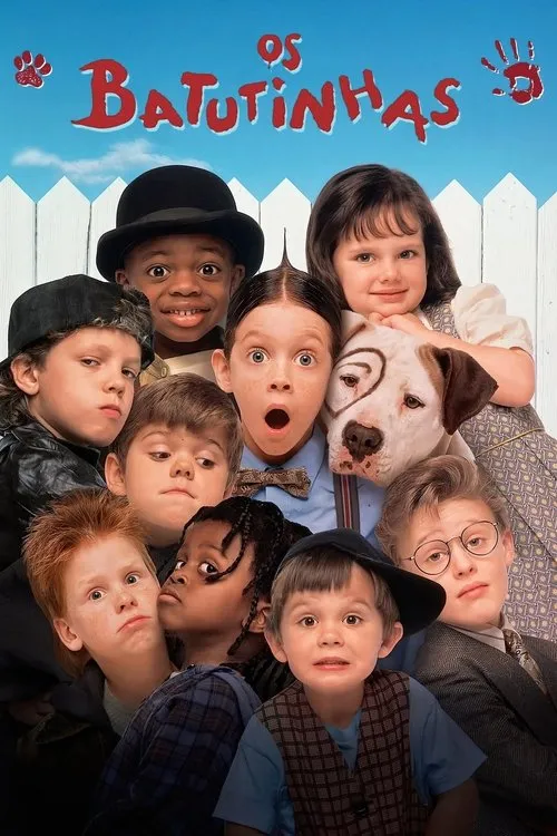 Os Batutinhas 1 Pôster:Grupo diverso de crianças e um cachorro em frente a uma cerca. Expressões variadas,de surpresa a sérias,num fundo azul. Clima divertido.