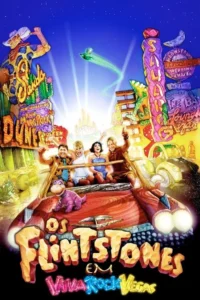 Quatro personagens animados,e um dinossauro,em carro pré-histórico sob letreiros neon coloridos de cidade vibrante. Noite de festa.
