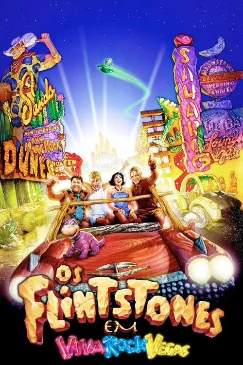 Quatro personagens animados,e um dinossauro,em carro pré-histórico sob letreiros neon coloridos de cidade vibrante. Noite de festa.