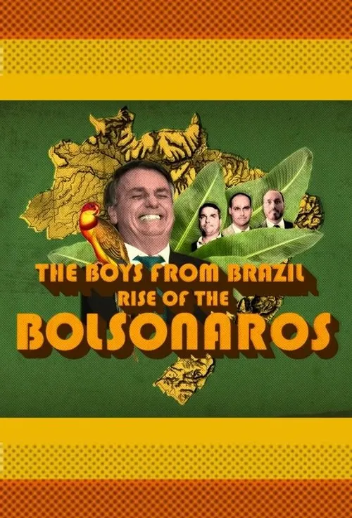 Pôster verde:Homem sorridente de terno,papagaio,3 rostos,mapa do Brasil dourado e folhas. Faixas coloridas. Atmosfera dramática.