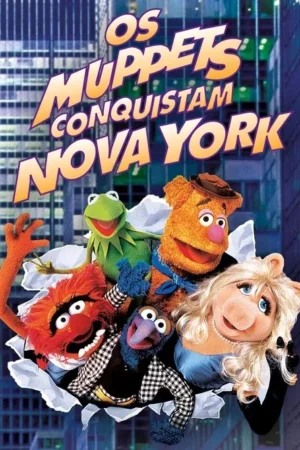 Cinco fantoches, incluindo um sapo verde e uma porca loira, saltam de um rasgo branco com prédios urbanos ao fundo. Clima animado.