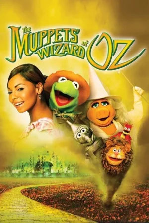 Pôster vibrante: mulher sorridente, Muppets fantasiados de Oz (espantalho, bruxa, homem de lata, leão) na estrada de tijolos amarelos até a Cidade Esmeralda.