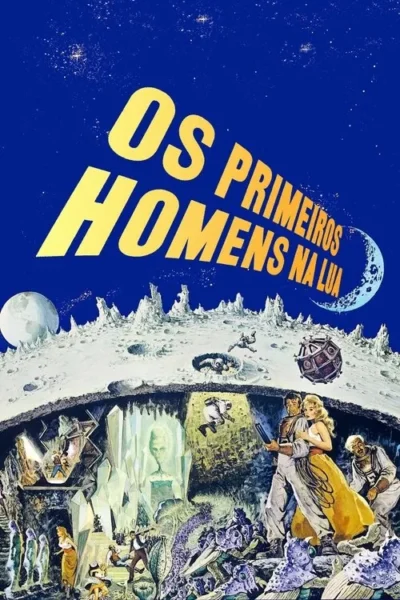 Pôster retrô de ficção científica. Astronautas exploram a superfície e o interior da Lua, enfrentando criaturas alienígenas em cavernas cristalinas.