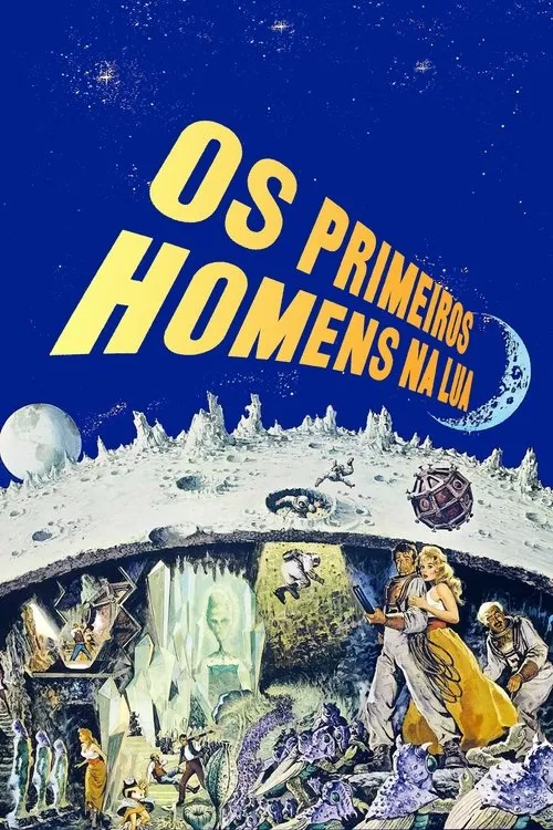 Pôster retrô de ficção científica. Astronautas exploram a superfície e o interior da Lua, enfrentando criaturas alienígenas em cavernas cristalinas.