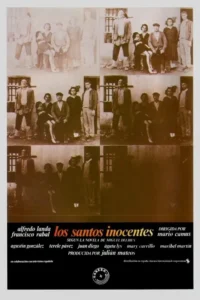 Pôster em sépia: múltiplos painéis mostram figuras em trajes rurais diante de casa simples com janelas. Clima austero e histórico.
