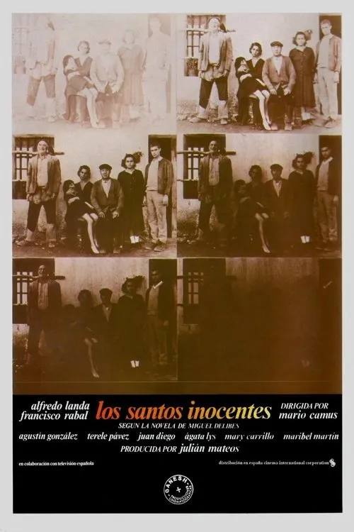 Pôster em sépia: múltiplos painéis mostram figuras em trajes rurais diante de casa simples com janelas. Clima austero e histórico.
