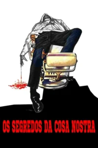 Pôster:Figura misteriosa de capuz e sem rosto em cadeira de barbeiro vintage. Uma navalha goteja sangue no chão.