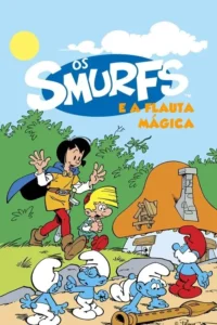 Cartaz animado. Um cavaleiro e menino correm. Pequenos seres azuis de chapéu branco manuseiam uma flauta perto de uma casa cogumelo.
