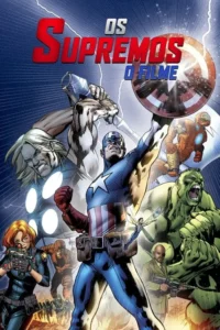 Pôster de HQs com Capitão América, Thor, Hulk, Homem de Ferro, Viúva Negra e outros heróis em cena de batalha épica. Raios e explosões.