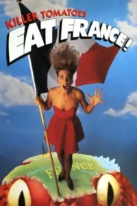 Mulher assustada, de vermelho e cabelo volumoso, segura bandeira da França sobre um mapa do país sendo comido por um tomate monstro.