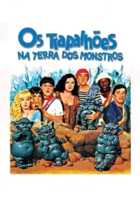 Grupo de 6 pessoas e 4 criaturas azuis em um cenário rochoso com cristais. Clima de aventura e comédia.