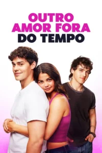 Pôster com três jovens sorrindo:uma mulher se apoia em um homem,outro homem ao lado. Fundo branco/rosa vibrante.