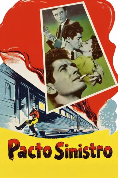 Pôster retrô: Homem fumando, casal se beijando. Outro homem observa com luvas. Abaixo, alguém se pendura num trem em movimento. Intriga e perigo.