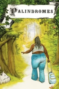 Mulher de costas em jeans e top,puxa mala por trilha iluminada em floresta vibrante. Atmosfera de jornada e aventura.