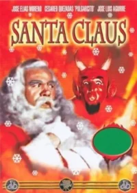 Pôster vermelho. Papai Noel com barba branca e casaco vermelho, e um diabo vermelho com chifres. Flocos de neve caem. Clima bizarro.