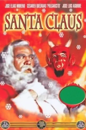 Pôster vermelho. Papai Noel com barba branca e casaco vermelho, e um diabo vermelho com chifres. Flocos de neve caem. Clima bizarro.