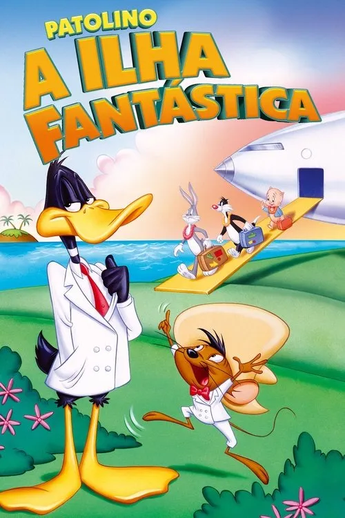 Pato esnobe de branco e rato animado apontam. Outros personagens descem rampa de avião para ilha tropical. Cenário ensolarado e divertido.