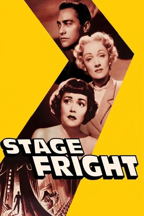 Pavor nos Bastidores 1 Três rostos em sépia,um homem e duas mulheres (uma assustada),em faixa diagonal sobre fundo amarelo. Cenário sombrio e teatral na base.