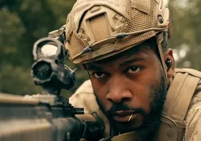 Um homem negro barbudo, com capacete militar e rifle, mira focado. Palito na boca, fundo de floresta embaçado.