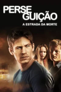 Um homem com olhar determinado em primeiro plano. Atrás,uma mulher e outro homem,com um fundo escuro e urbano,sugerindo tensão.