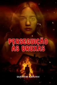 Rosto feminino sério sobre fundo escuro. Abaixo,casa em chamas com figura sombria à frente. Clima de terror e suspense.