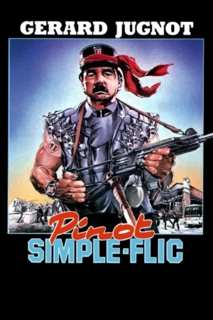 Pôster estilo anos 80: Homem bigodudo de uniforme militar com faixa vermelha e metralhadora, em cenário urbano caótico.
