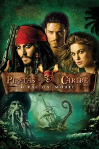 Três personagens principais:pirata com pistola,homem e mulher. Cena escura e marítima com monstro,navio afundando e tentáculo.
