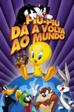 Piu-Piu com mala sentado no globo, com Frajola por cima e Pernalonga, Patolino, Marvin e Taz em volta. Pôster animado.