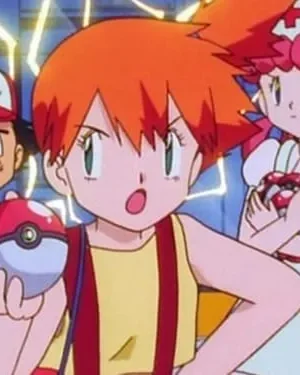 Garota ruiva assustada segura uma Poké Bola. Um menino chocado e uma enfermeira séria com item vermelho, em fundo com raios.