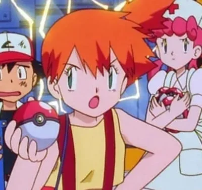 Garota ruiva assustada segura uma Poké Bola. Um menino chocado e uma enfermeira séria com item vermelho, em fundo com raios.