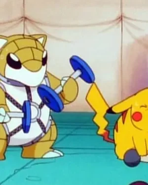 Uma criatura bege tipo tatu com armadura levanta halteres. Ao lado, uma criatura amarela pequena, exausta, tenta erguer um peso com a cauda. Cena de academia.