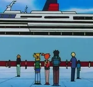 Grupo de jovens de anime, incluindo um com orelhas amarelas e mochilas, em um cais olhando um enorme navio de cruzeiro branco.