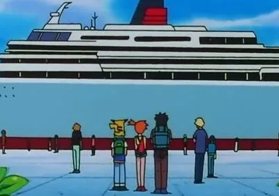 Grupo de jovens de anime, incluindo um com orelhas amarelas e mochilas, em um cais olhando um enorme navio de cruzeiro branco.