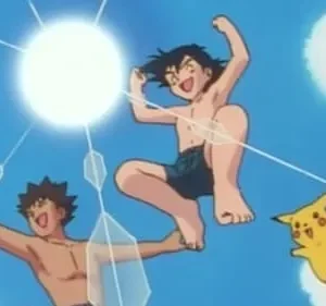 Dois jovens sem camisa e uma criatura amarela com um flutuador pulam felizes no céu azul ensolarado com nuvens. Clima de verão alegre.