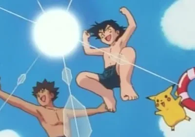 Dois jovens sem camisa e uma criatura amarela com um flutuador pulam felizes no céu azul ensolarado com nuvens. Clima de verão alegre.