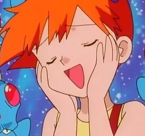 Garota de cabelo laranja rindo, mãos no rosto, cercada por criaturas azuis com olhos vermelhos. Fundo azul com pontos brilhantes.