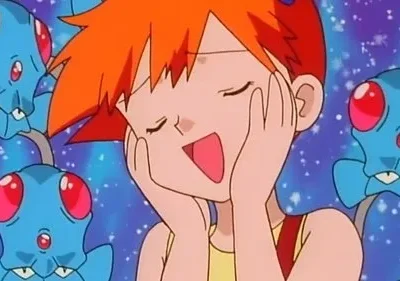 Garota de cabelo laranja rindo, mãos no rosto, cercada por criaturas azuis com olhos vermelhos. Fundo azul com pontos brilhantes.