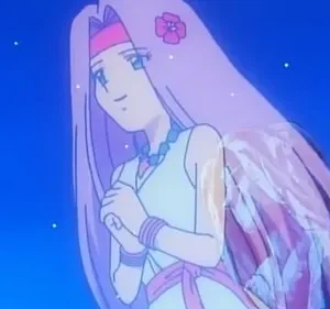 Mulher anime de cabelo rosa longo, tiara e flor no cabelo, com mãos juntas. Ela sorri suavemente sob um céu noturno estrelado.
