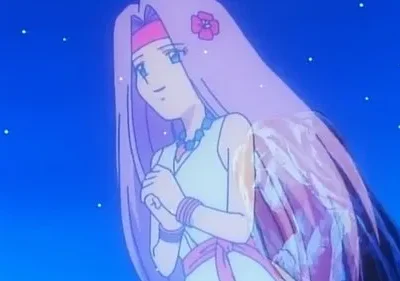 Mulher anime de cabelo rosa longo, tiara e flor no cabelo, com mãos juntas. Ela sorri suavemente sob um céu noturno estrelado.
